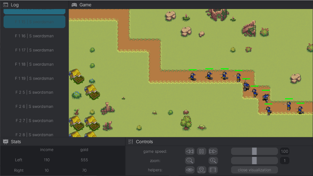 Bot Arena replay interface showing the move log, game state, bot statistics and playback controls.